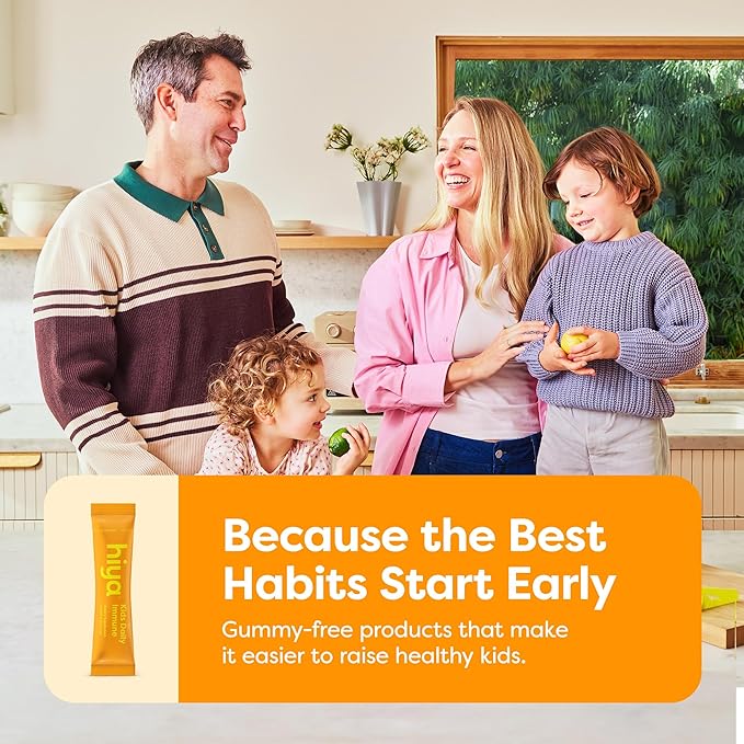 HIYA Kids Immune Support – Vitamin C, Elderberry & Beta Glucans for Ages 2+, Delicious Orange Flavor, 0g Sugar – 20 Stick Packs for Toddlers & Kids