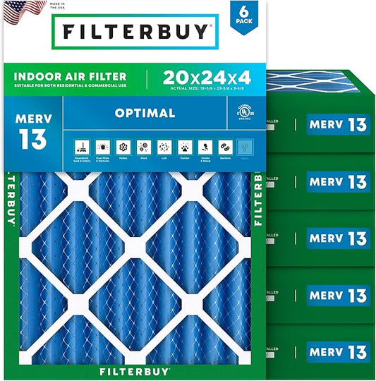 Filterbuy 20x24x4 Air Filter MERV 13 (MPR 1900) Health Defense Replacement (6-Pack), Electrostatic Pleated HVAC AC Furnace Filters, Made in USA (Actual Size: 19.38 x 23.38 x 3.63)