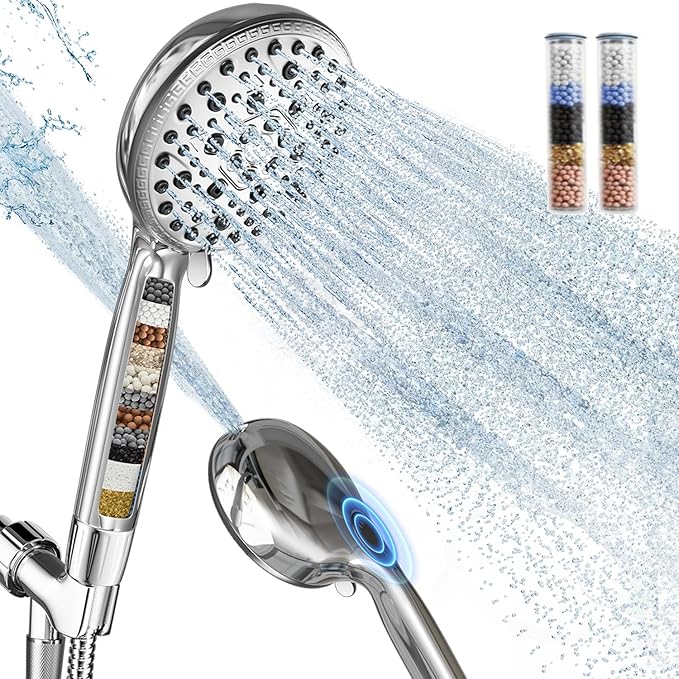 Filtered Shower Head with Handheld,7 Spray Settings High Pressure Showerhead Built in Power Wash to Clean Tub, Tile & Pet, Showerhead with Filters for Hard Water - Remove Chlorine, (Chrome)