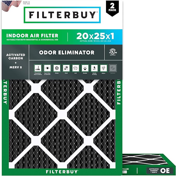 Filterbuy 20x25x1 Air Filter MERV 8 (MPR 700) Odor Eliminator Replacement (2-Pack), Electrostatic Pleated HVAC AC Furnace Filters w/Activated Carbon, Made in USA (Actual Size: 19.50 x 24.50 x 0.75)