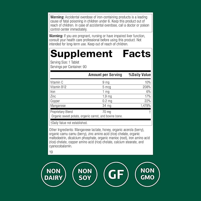 Standard Process Manganese B12 - Supports Bone & Connective Tissue Health - Hemoglobin Formation Support - Gluten-Free, Non-Dairy & Non-Soy - 90 Tablets (90 Servings)
