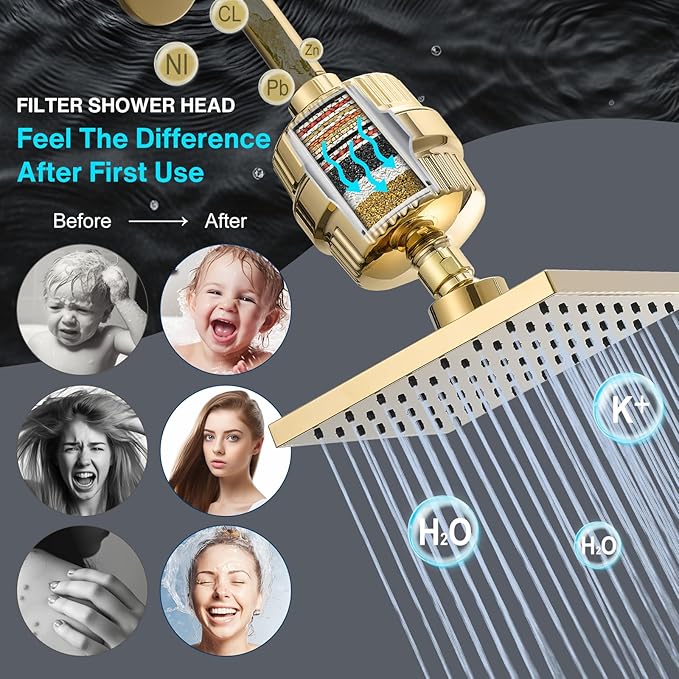 Cobbe High Pressure Filtered Shower Head Combo, Rain Shower Head with 20 Stage Shower Head Filter for Hard Water - Adjustable Replacement Remove Chlorine and Harmful Substances, Gold