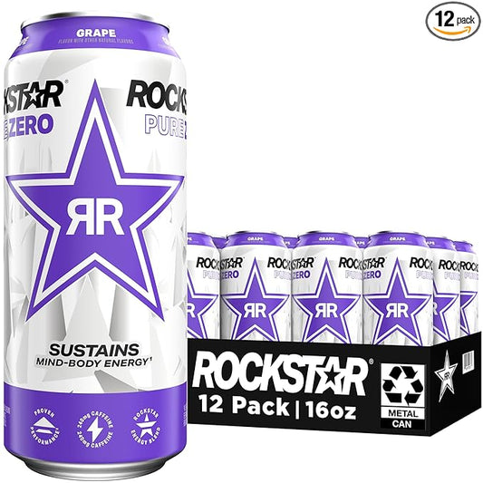 Rockstar Pure Zero Energy Drink, Grape, 0 Sugar, with Caffeine and Taurine, 16oz Cans (12 Pack) (Packaging May Vary)