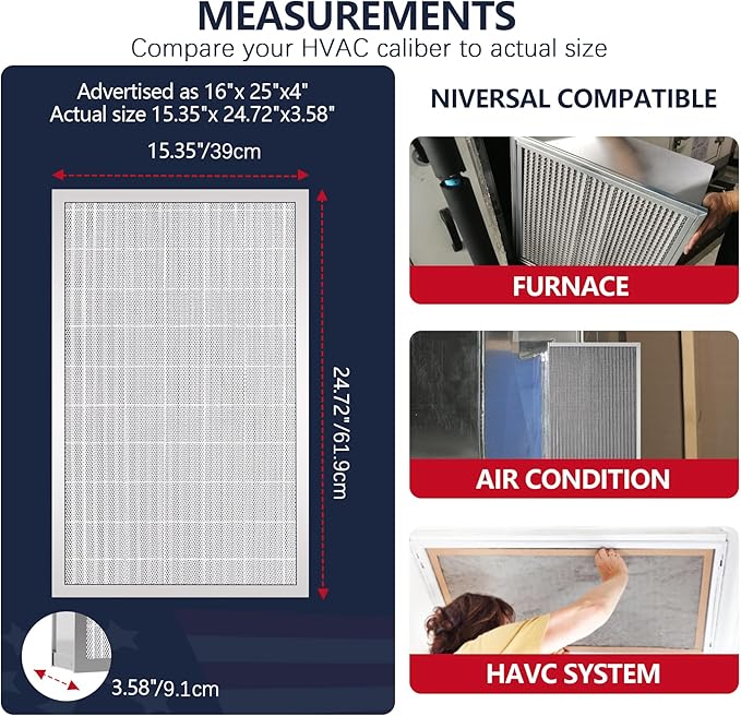 16x25x4 Resuable & Washable Electrostatic Air Filter Allergen Defense, MERV 8 Aluminum AC/HVAC Furnace Filter Replacement, Lasts a Lifetime（Actual Size:15.35"x24.72"x3.58")