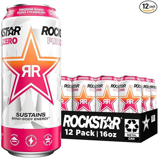 Rockstar Pure Zero Energy Drink, Tangerine Mango Guava Strawberryh, 0 Sugar, with Caffeine and Taurine, 16 Fl Oz (Pack of 12) (Packaging May Vary)