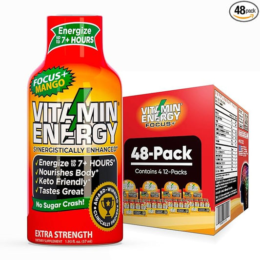 Vitamin Energy Focus+ Extra Strength Energy Shot Mango 48 Pack, 260mg Natural Caffeine, B-Vitamins, CoQ10, Amino Acids, Focus, Productivity & Clarity, Zero Sugar, Gluten-Free, 1.93 fl oz