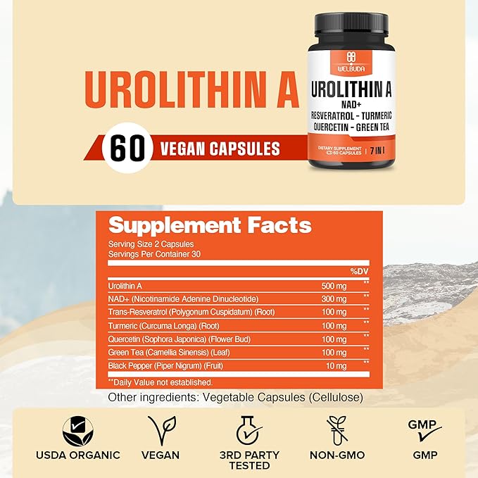 7in1 Urolithin A Capsules 500mg with NAD+, Resveratrol, Curcumin and Quercetin Supplement for Men Women - 60 Capsules - 30 Days Supply