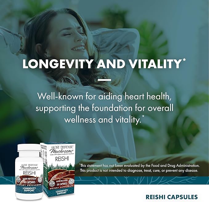 Host Defense Reishi Capsules - Heart & Immune Health Support Supplement - Mushroom Supplement to Support Energy & Vitality - Reishi Supplement to Aid Overall Well-Being - 30 Capsules (15 Servings)*