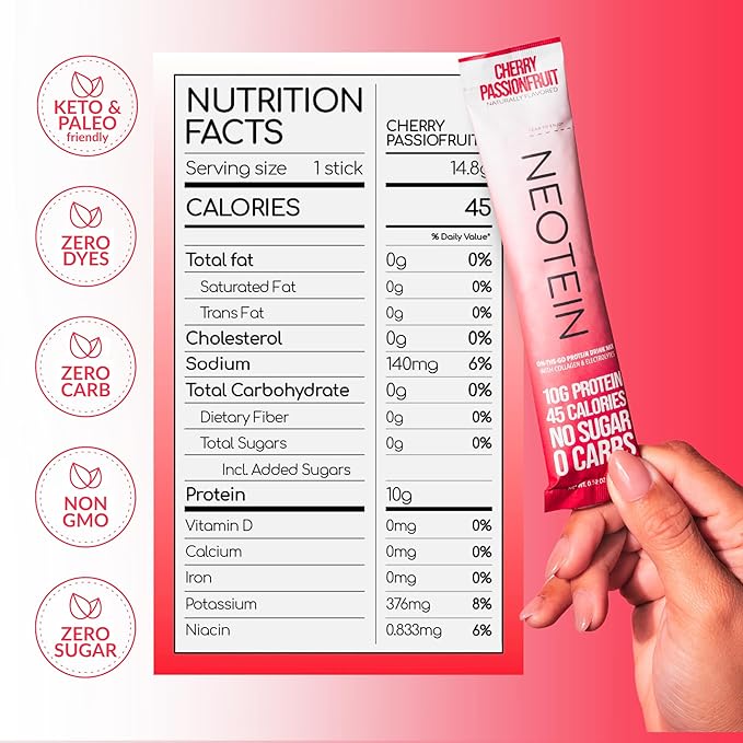 Electrolyte Powder Packets, Protein Powder with 10g Protein & Collagen | Hydration Packets - Zero Sugar, NO Fillers, NO Carbs | Cherry Passionfruit | 45 Calories | Keto & Paleo | Pack of 15