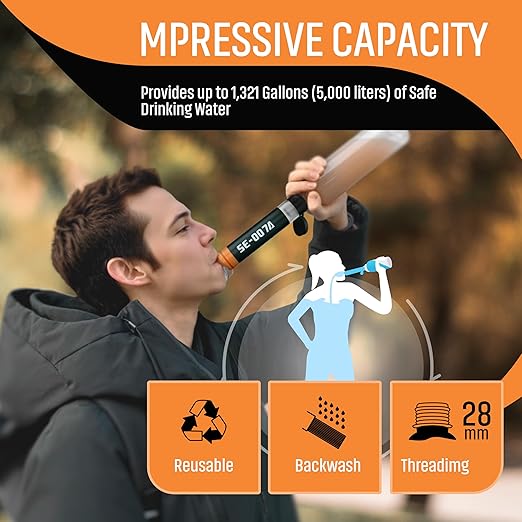 Personal Straw Water Filter to purify Water, Emergency Water Straws Portable Gear for Hiking, Camping, Travel, Fishing, Outing and Emergency Preparedness （4 Water Filters + 2 Filter Cartridges）