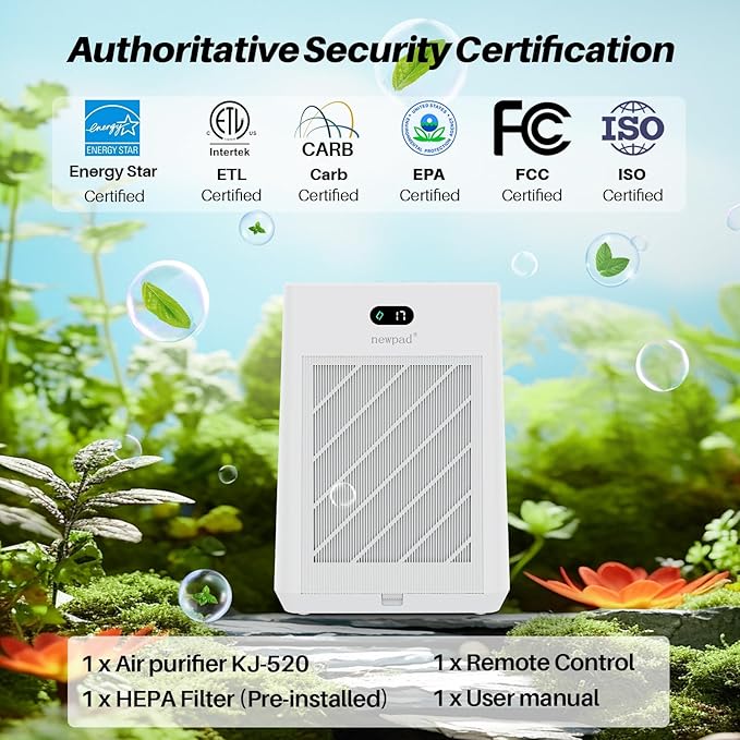 Air Purifiers for Home Large Room Covers Up to 2277 Ft², 22 dB HEPA Air Purifiers for Home Bedroom, Smart WiFi & Remote Control, Air Quality Monitor, Timer, Child Lock, KJ-520, White