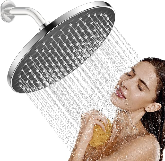 Rain Shower Head - High Pressure Massage Shower Head - 8 Inch Round Powerful Massaging Rainfall Showerhead, Adjustable Replacement for Your Bathroom Fixed Shower Heads