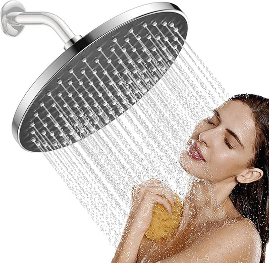 Rain Shower Head - High Pressure Massage Shower Head - 8 Inch Round Powerful Massaging Rainfall Showerhead, Adjustable Replacement for Your Bathroom Fixed Shower Heads