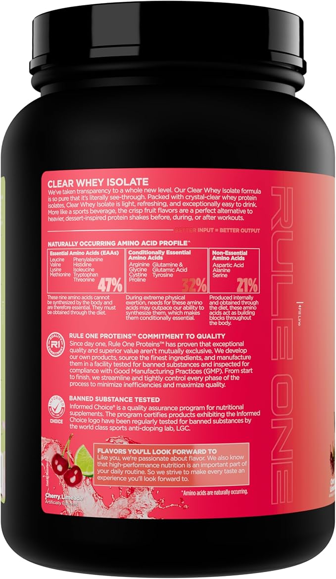 Rule 1 Clear Whey Isolate - 20g All-whey Isolate Protein, Over 9g EAAs, 300mg of Electrolyte Minerals, 90 Calories, Light, Crisp, and Refreshing Taste (27 Servings, Cherry Limeade)