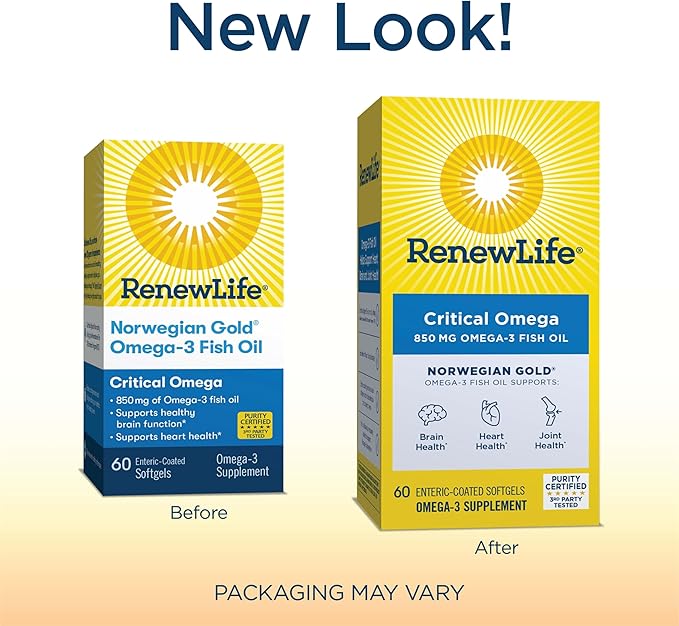 Renew Life Norwegian Gold Critical Omega, Omega-3 Fish Oil, 60 Burp-Free Softgels (Pack May Vary)