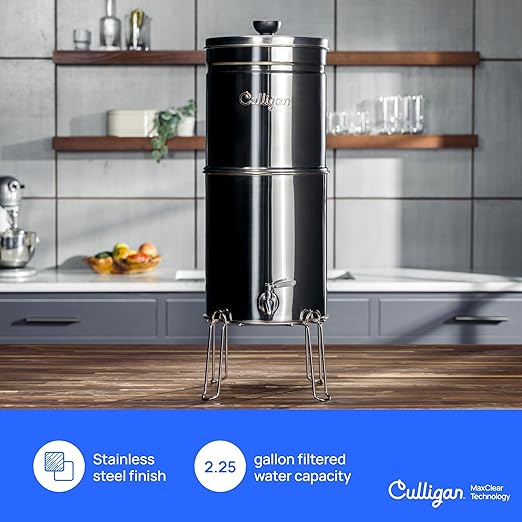 Culligan with MaxClear Technology 2.25 Gallon Gravity Water Filter System, Polished Countertop Ceramic Water Filter NSF/ANSI Certified to Reduce Lead, Microplastics & Total PFAS, with 2 Filters