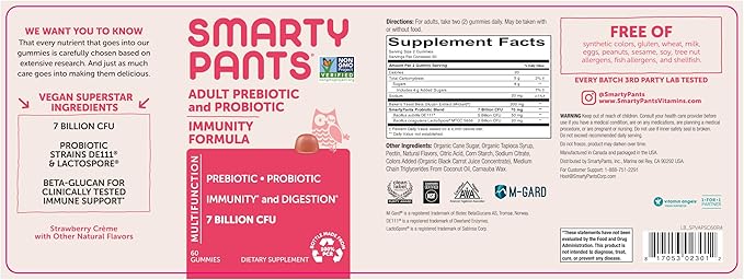 SmartyPants Adult Probiotic & Prebiotic Gummies for Digestive Health: Gut Health Supplement, Clinically Studied Prebiotic for Immune Support, Strawberry, 60 Count (30 Day Supply)