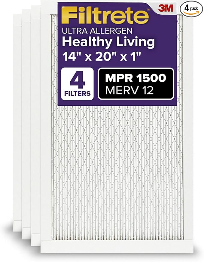 Filtrete 14x20x1 AC Furnace Air Filter, MERV 12, MPR 1500, CERTIFIED asthma & allergy friendly, 3 Month Pleated 1-Inch Electrostatic Air Cleaning Filter, 4-Pack (Actual Size 13.81x19.81x0.78 in)