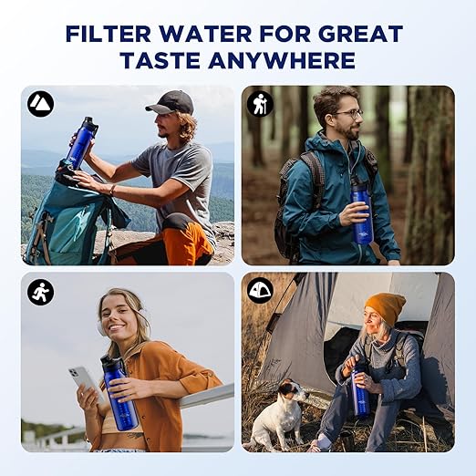 Membrane Solutions C3 Filtered Water Bottle, 36oz BPA-Free Bottle with Replaceable ACF+UF Filter Cartridge, Portable Water Filter, Travel, Hiking & Camping for Drinking Water Anywhere(Blue)