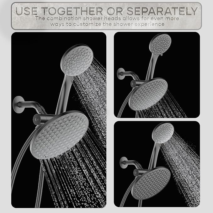 8.6 inch High Pressure 3-Way Shower Heads Combo, Pulsating Rainfall Shower Head, 6-Settings Dual Shower Head with Handheld Hose 6ft Black