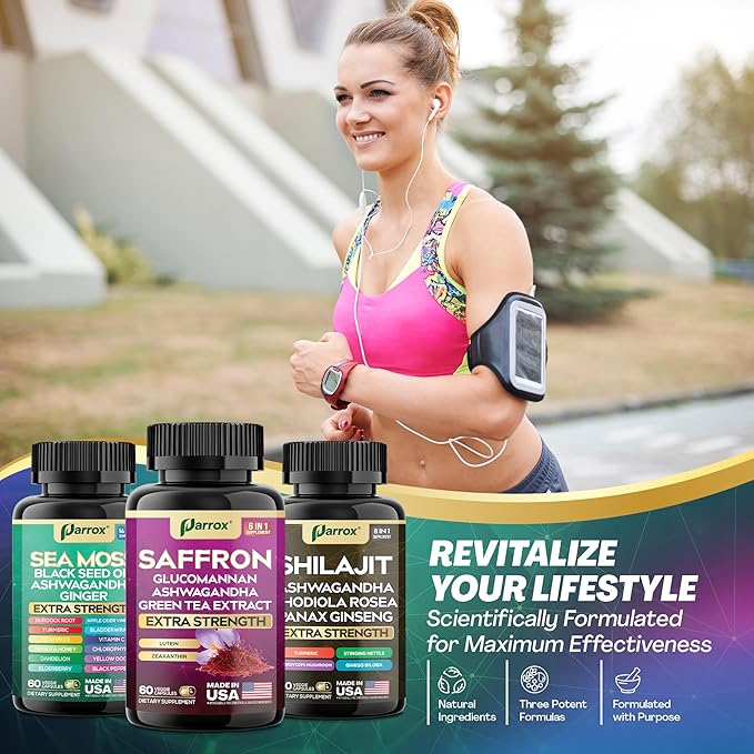Vision Vitality Trio - Sea Moss, Black Seed Oil, Ashwagandha, Burdock Root, Saffron, Lutein, Zeaxanthin, Glucomannan, Green Tea Extract, Panax Ginseng, Ginkgo Biloba, Rhodiola Rosea, Turmeric