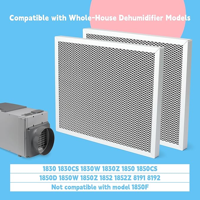 2Pcs 5443 Washable Dehumidifier Filter Compatible with Whole-House Dehumidifiers Models 1830 1850 1852 and Ventilation 8191 8192, MERV 8 10x12x1 Replacement Parts