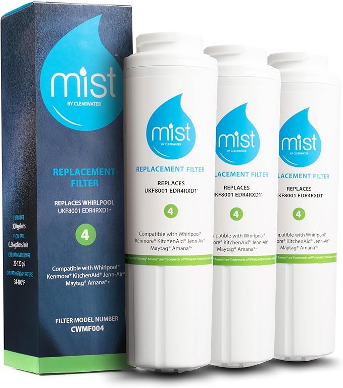 Mist EDR4RXD1 Refrigerator Water Filter Replacement for EveryDrop® Filter 4 – Maytag® UKF8001AXX-200, UKF8001AXX-750, Whirlpool® UKF8001, WHR4RXD1, 4396395 – 3-Pack – NSF 42 & 372 Certified
