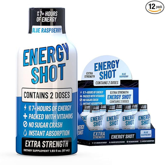 Energy Shot – 2 Servings – 100% DV B-Vitamins & 130mg Plant-Based Caffeine – Zero Calories, Sugar-Free, Vegan, Non-GMO – Energy & Productivity Support (1.93 Fl Oz (Pack of 8), Blue Raspberry)