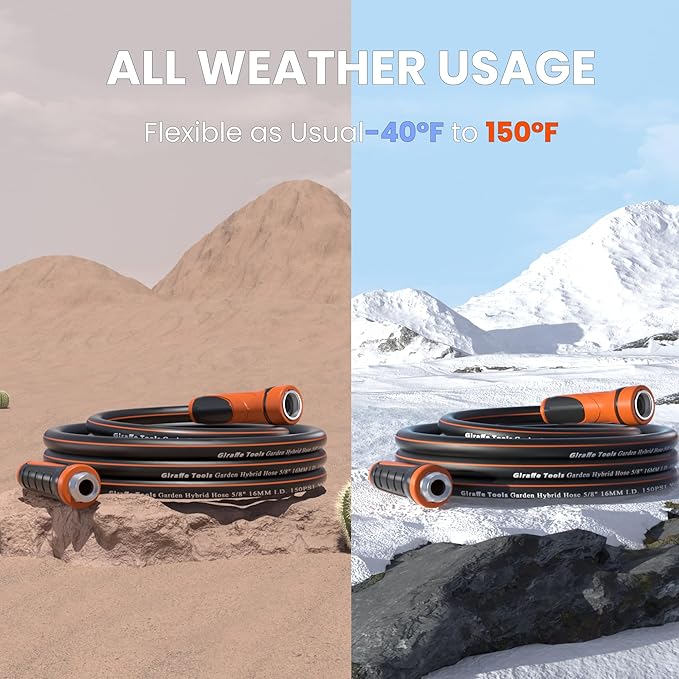 Giraffe Tools Garden Hose 100ft x 5/8", Water Hose Heavy Duty with 10-Pattern Nozzle, Ground Sprinkle, Flexible, Lightweight Hybrid Hose with Swivel Handle, Male to Female Fittings, Burst 600 PSI