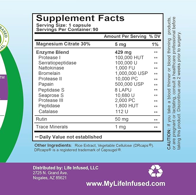 Life Infused Metabolic Infused - Blend of Premium 11 Systemic Enzymes & 72 Key Minerals for Optimal Bodily Functions and Healthy Immune System - Vegan Approved - 90 Servings