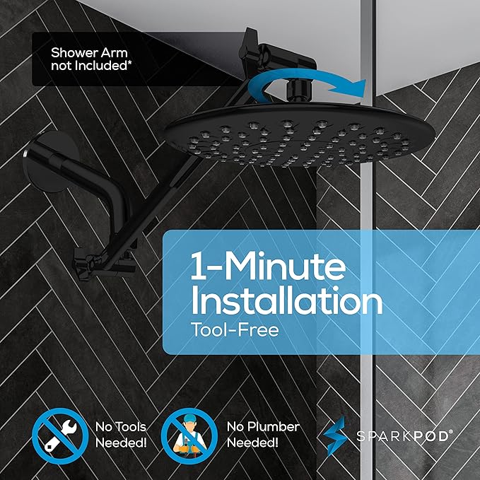 SparkPod 9.5 Inch Large Rain Shower Head - Luxury Rainfall Shower Head - High Pressure Showerhead, Full Body Coverage with Anti-Clog Silicone Nozzles - No Hassle, Easy Install (1/2 NPT, Black Matte)