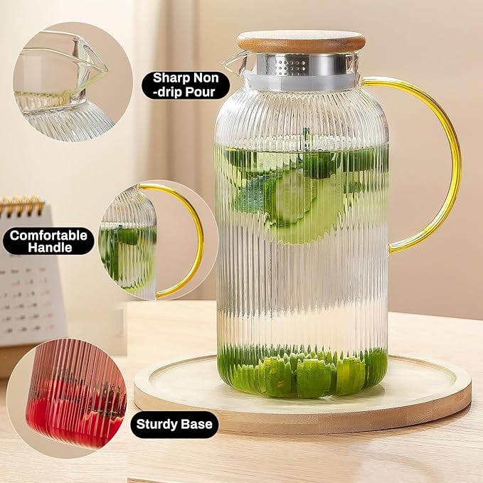 Glass Pitcher with Lid, 2 PACK 68 oz/2 Liter Vertical Water Pitcher With Serving Tray, Clear Borosilicate Glass Water Carafe for Cold Brew, Coffee, Lemonade, Iced Sun Tea,Beverage,Heat Resistant