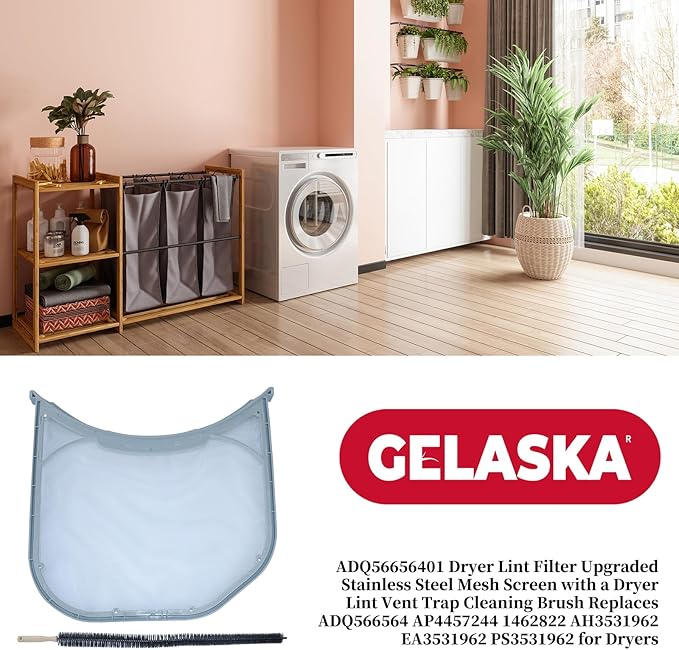 GELASKA ADQ56656401 Dryer Lint Filter Upgraded Stainless Steel Mesh Screen with Dryer Vent Cleaner Brush Replaces ADQ56656401, ADQ566564, AP4457244, 1462822, AH3531962, EA3531962, PS3531962