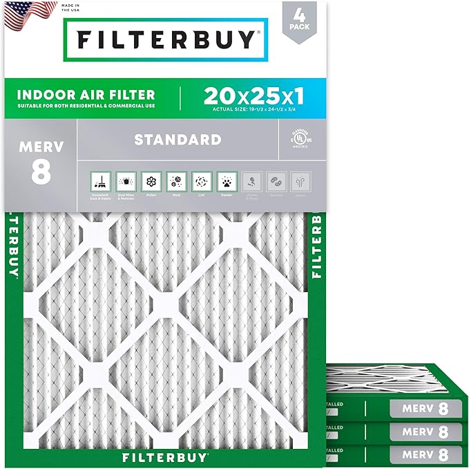 Filterbuy 20x25x1 Air Filter MERV 8 (MPR 700) Dust Defense Replacement (4-Pack), Electrostatic Pleated HVAC AC Furnace Filters, Made in USA (Actual Size: 19.50 x 24.50 x 0.75)