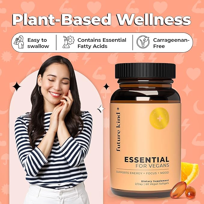 Future Kind Vegan Multivitamins - Glass Bottle & Made for Vegans with Omega 3 DHA, EPA, Vitamin B12 & D3 for Energy, Focus, & Mood (60 Softgels)