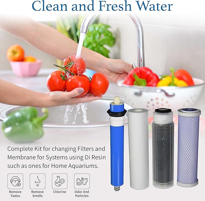 Reverse Osmosis Deionization (RODI) 10" Replacement Filter Kit (Sediment Cartridge, Carbon Cartridge, Color Indicating DI Cartridge Filled with MBD-30 Nuclear Grade Resin and 75 GPD Membrane) by CFS