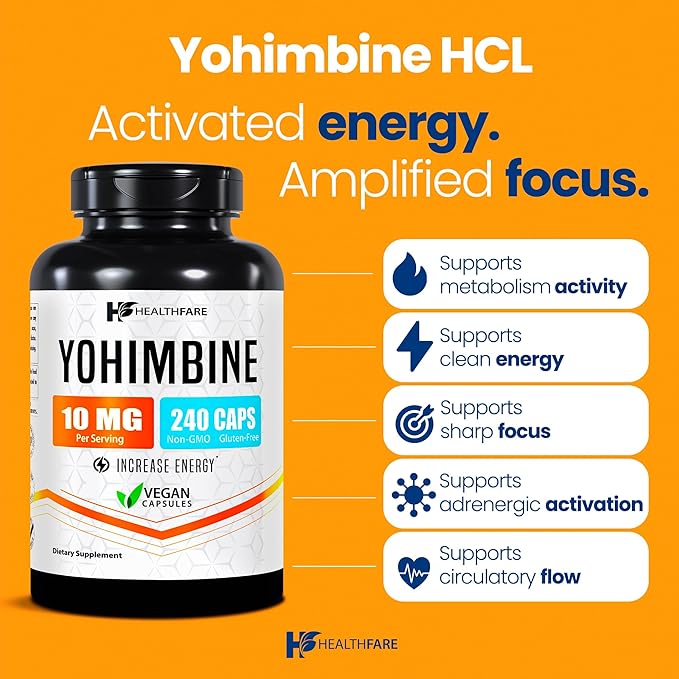Yohimbine HCL 10mg | 240 Vegan Capsules | Maximum Strength Formula | Non-GMO & Gluten-Free | Made in USA