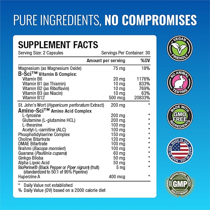 Approved Science Neurexil - Natural Nootropic Support with DMAE - Enhance Brain Function, Sharpen Clarity, Boost Memory - L-Tyrosine, Ginkgo Biloba, Huperzine A, BioPerine - 3 Month Supply