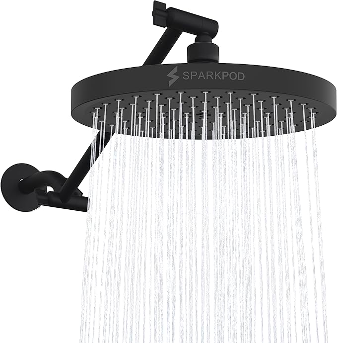 SparkPod Round Rain Shower Head with Shower Head Extension Arm - High Pressure Rain - Luxury Modern Look - No Hassle Tool-less 1-Min Installation (11" Shower Arm Extension, Midnight Black Matte)