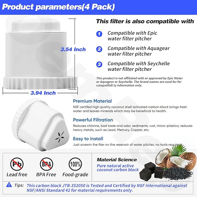 4Pack Replacement Filter for EPIC Water Filter Pitcher, Water Filter Pitcher Compatible with Aquagear Seychelle, BPA Free. Removes Fluoride, Chlorine, Lead, Odors