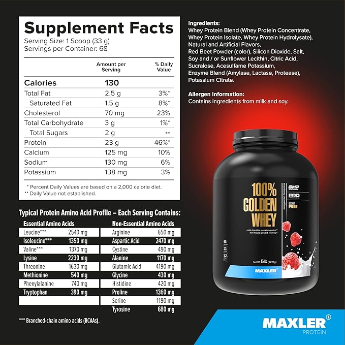 Maxler 100% Golden Whey Protein - 23g of Premium Whey Protein Powder per Serving - Pre, Post & Intra Workout - Fast-Absorbing Whey Hydrolysate, Isolate & Concentrate Blend - Strawberry Cream 5 lbs