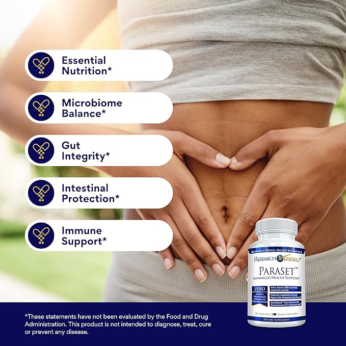 Research Verified Paraset - 60 Capsules - Natural Gut Health Enhancer - Garlic Bulb, Papain, Sweet Wormwood, Black Walnut, BioPerine - Vegan
