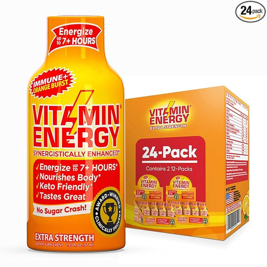 Vitamin Energy Immune+ Extra Strength Energy Shot Orange Burst 24 Pack, 260mg Natural Caffeine, B-Vitamins, Citicoline, Green Tea, Immunity & Focus Support, Zero Sugar, Gluten-Free 1.93 fl oz