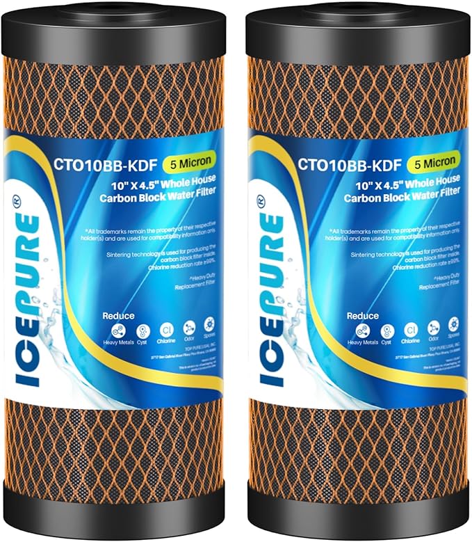 ICEPURE 5 Micron 4.5" x 10" CTO10BB-KDF Whole House Water Filter Coconut Shell Activated Carbon and KDF Heavy Metal Removal Water Filter Replacement for Home, 2PACK