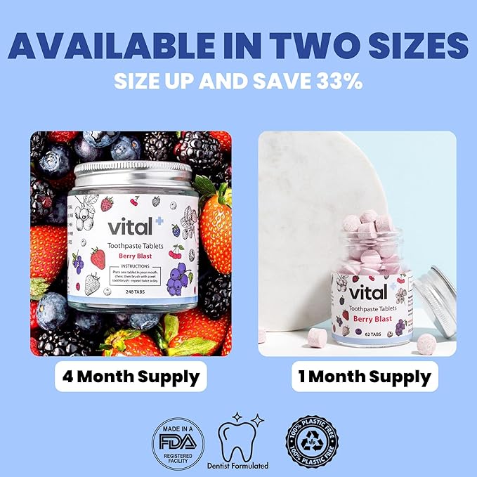 Vital Toothpaste Tabs with Nano-Hydroxyapatite | Berry Blast | Remineralizes Teeth | Kids Love It! | Fluoride Free | Plastic Free & Eco Friendly | Travel & TSA Approved | 62 Tablets (1 Month)