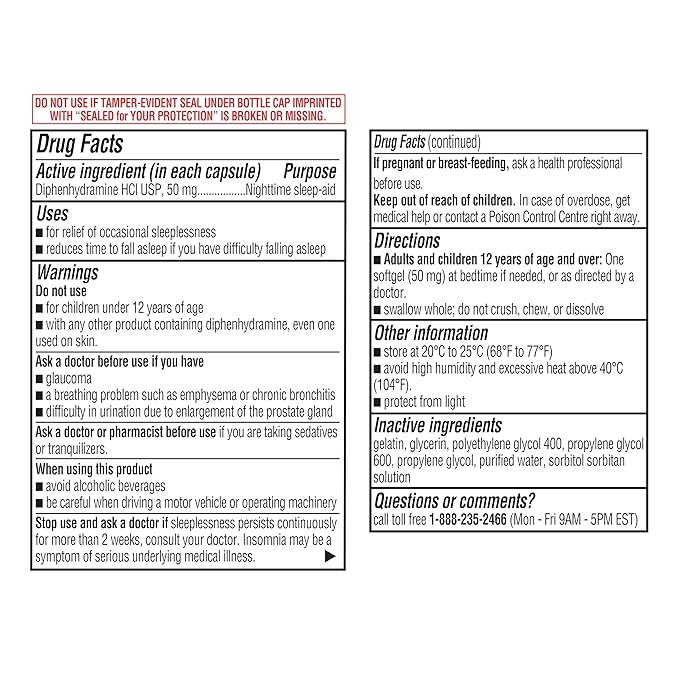 Dye-Free Nighttime Sleep Aid Diphenhydramine HCl 50mg Softgels, Maximum Strength, 120 Count