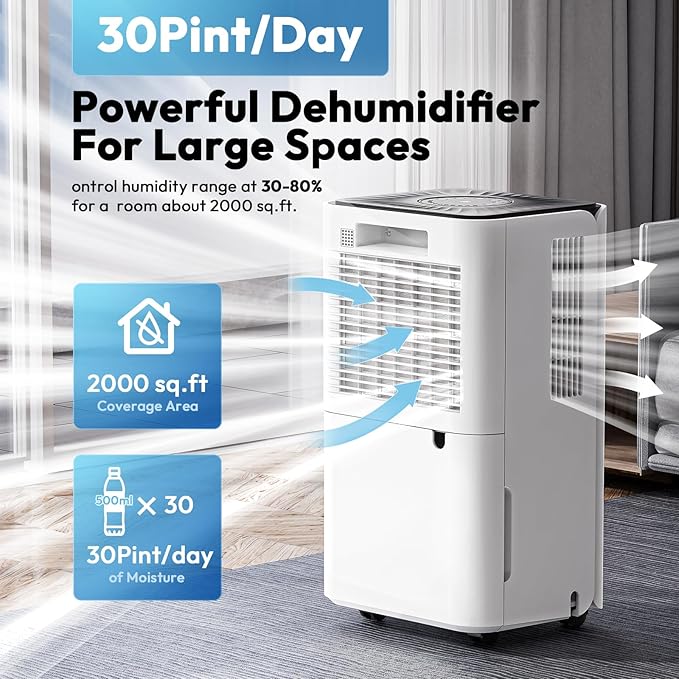2000 Sq.ft Dehumidifier for Basement, LUKO 30 Pint Dehumidifier with Drain Hose for Continuous Drainage, Intelligent Humidity Control Panel and 24H Timer, 3 Modes, Child Lock, Auto Defrost