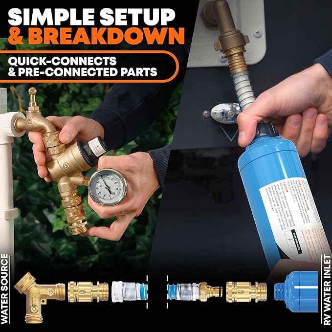 RV Fresh Water Kit - RV Water Pressure Regulator, Inline Water Filter, Hose Splitter, Brass Elbow, Flexible Connector, Hose Quick Connects, Leak Repair Kit, and Carrying Case