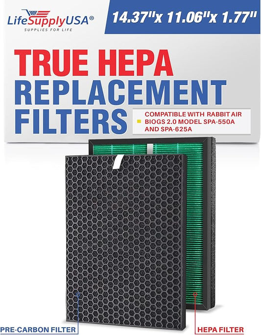 LifeSupplyUSA Complete Replacement Filter Set (1 True HEPA Air Cleaner Filter + 1 Carbon Filter) Compatible with RabbitAir BioGS 2.0 Ultra Quiet SPA-550A and SPA-625A Air Purifiers