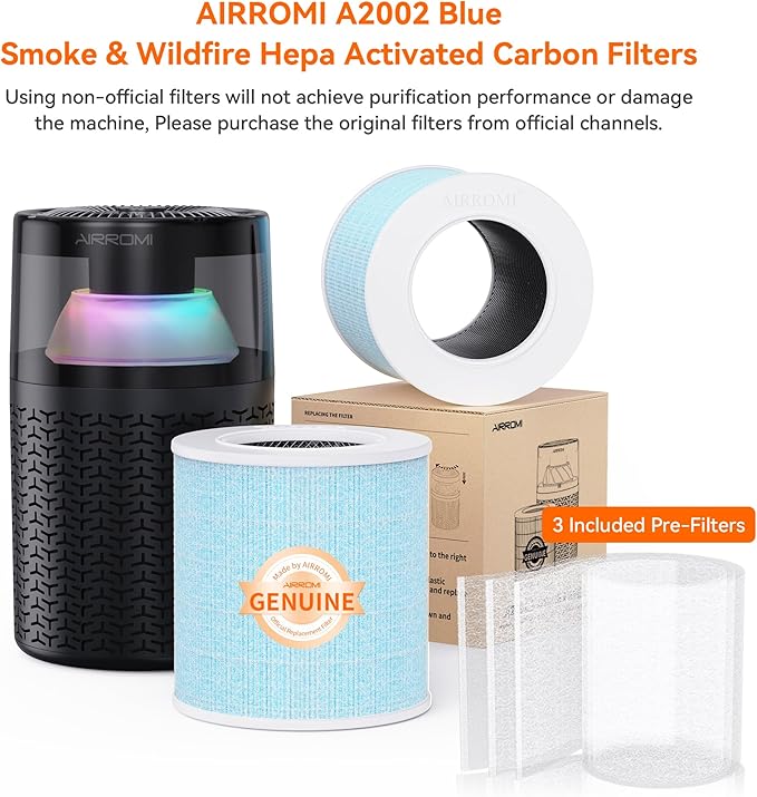 AIRROMI A2002 HEPA Air Purifier Replacement Filter, 4-In-1 Original Filter, Remove 99.97% of 0.3 Micron Particle Blue Smoke(1 Pack)